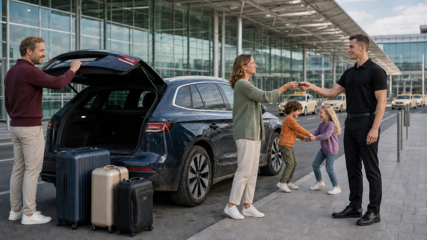 Reisender übergibt seinen Fahrzeugschlüssel an den Parkmeister Valet-Service am Terminal